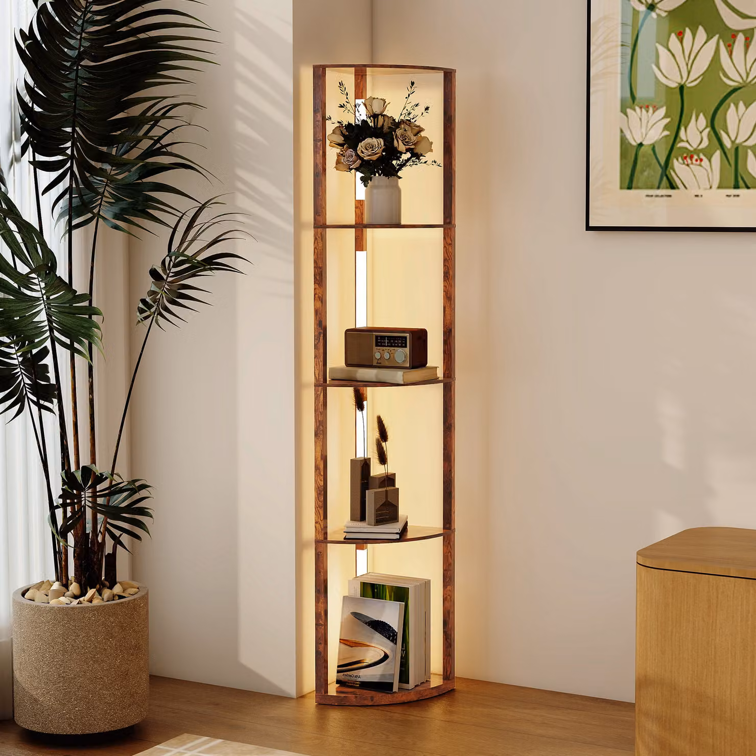 HOMCOM Floor Standing LED Lamp with Shelves, Dimmable 3000K Warm White Light, Rustic Brown – 2