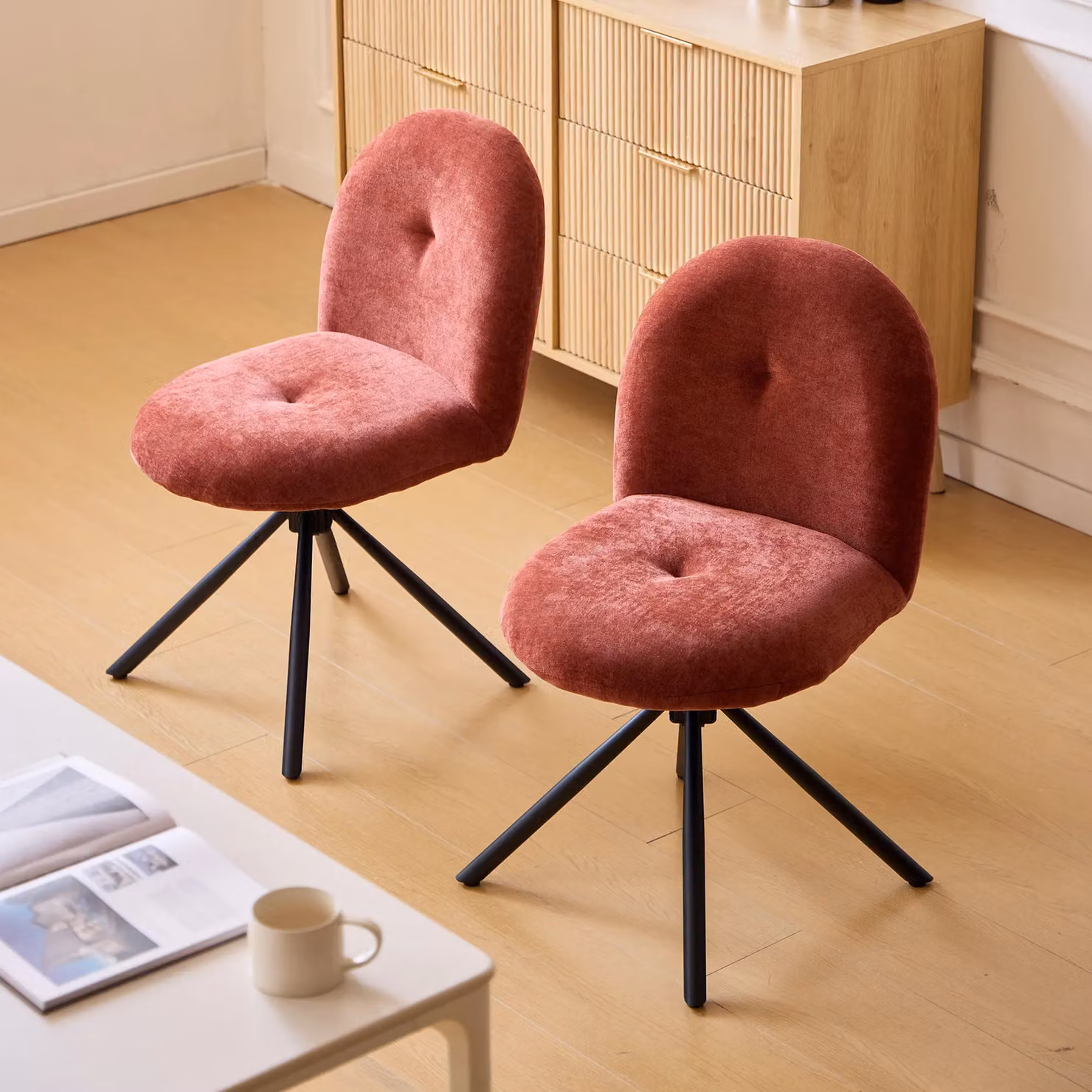 Nordlys Set of 2 Red Velvet and Metal Rotating Dining Room Chairs – 3