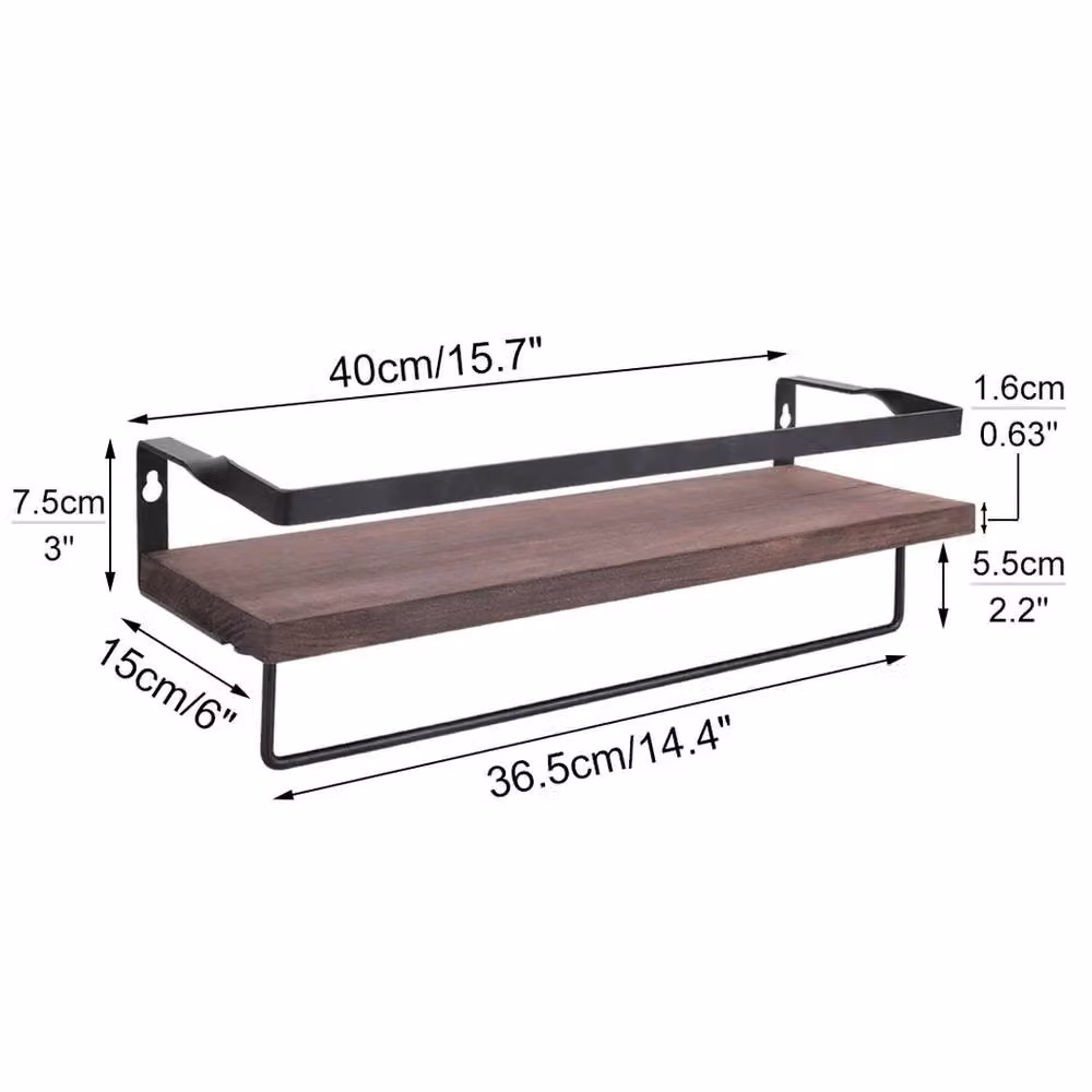 ERGOVEXA 2-Pack Brown Wood Floating Wall Shelf Rack with Towel Bar and Hooks for Kitchen or Bathroom – 2