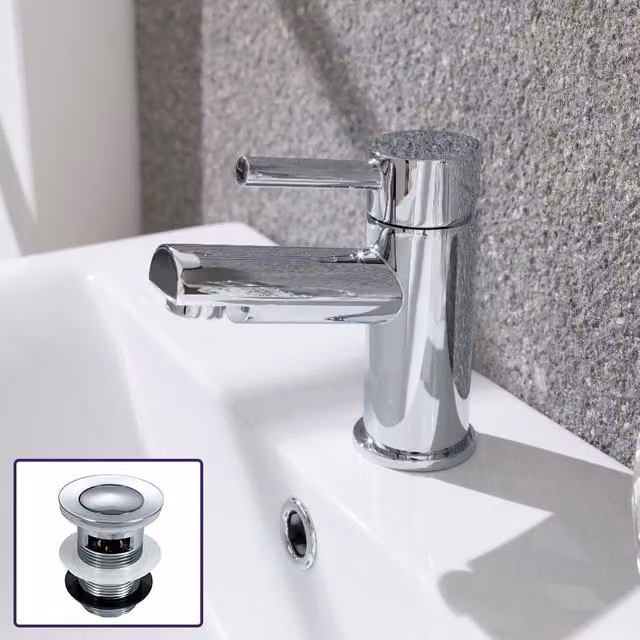 Nes Home Chrome Modern Single Lever Mono Basin Mixer Tap with Pop Up Waste in Silver – 1
