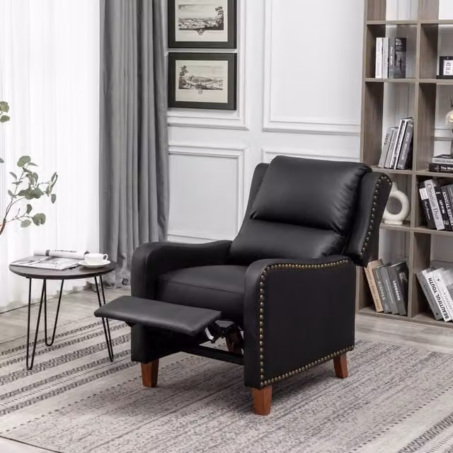 FURNITURE ONE Black PU Leather Push Back Recliner Armchair with Solid Wood Frame