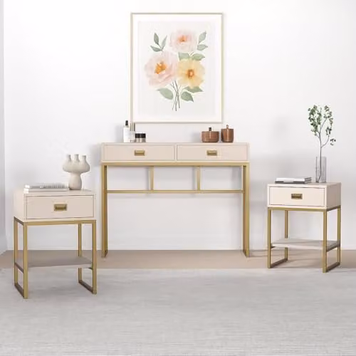 Melody Maison Elle Stone Range Large 2 Drawer Dressing Table and Pair of Bedside Tables in Beige and Gold