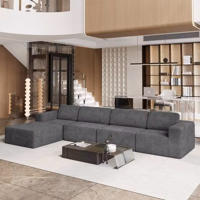 Dprodo Grey Corduroy Modular L-Shape Sofa with Matching Ottoman and Removable Covers