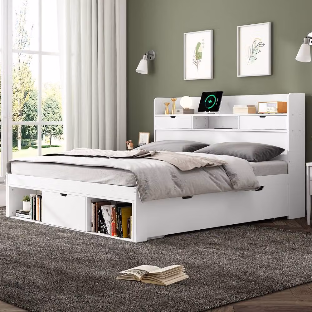 Rolipo White Double Bed with USB Charging Port, Drawers and Storage Cabinet, W/D/H: 140 x 200 cm – 3