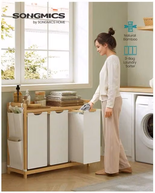 SONGMICS Laundry Hamper with 3 Compartments and Removable Bags in White