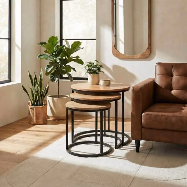 FurnitureboxUK Andes Set of 3 Round Nesting Coffee Tables in Light Oak and Black Wood and Metal – 1