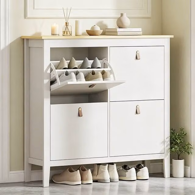 ERGOVEXA Modern White Slim Shoe Storage Unit with Tilting Compartments and Internal Shelves