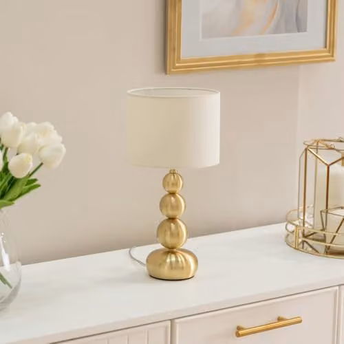 ValueLights Marissa Gold and White Stacked Ball Table Lamp with Fabric Shade – 2