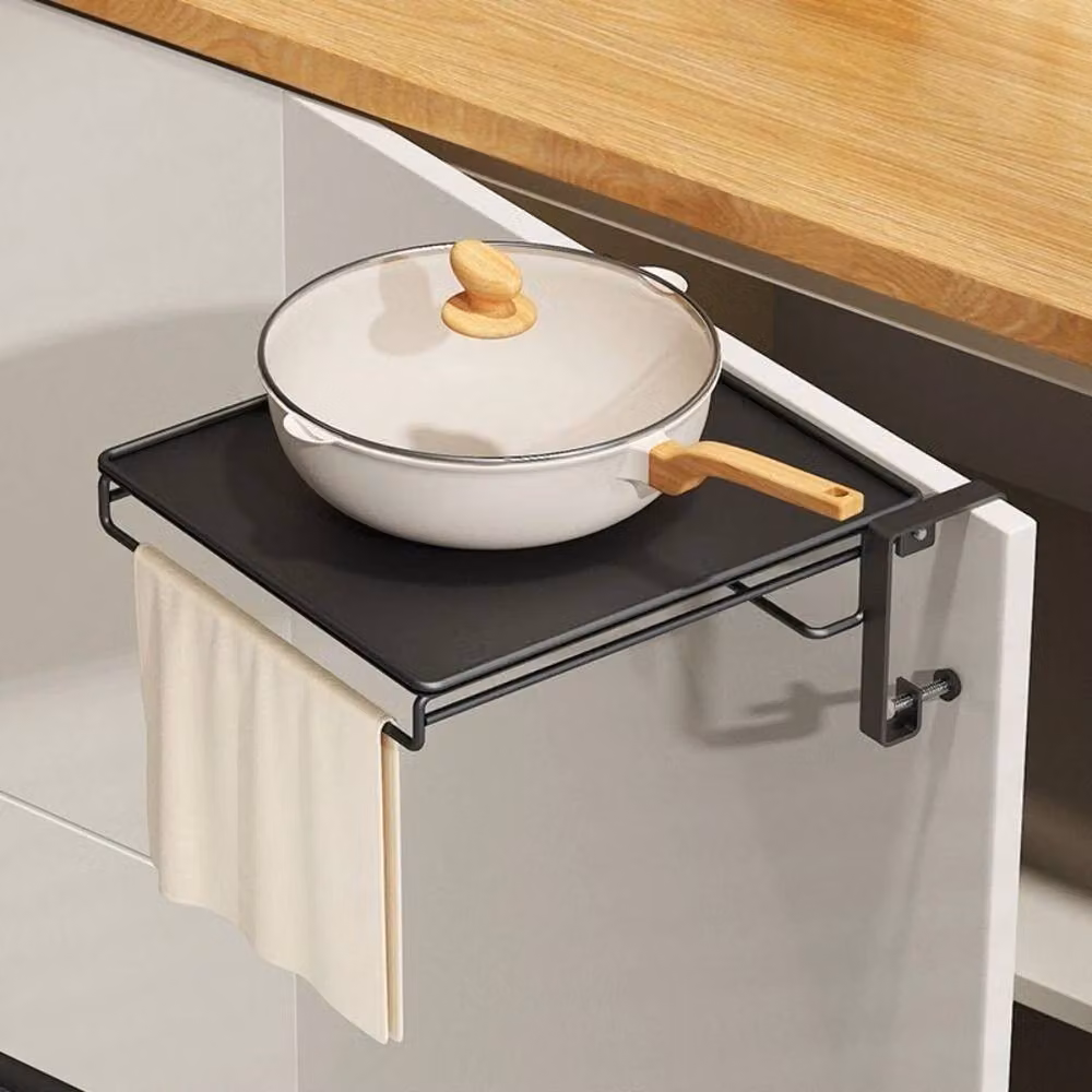 Kelvenix Black Matt Metal Wall Mounted Foldable Countertop Storage Rack with Back Panel – 3