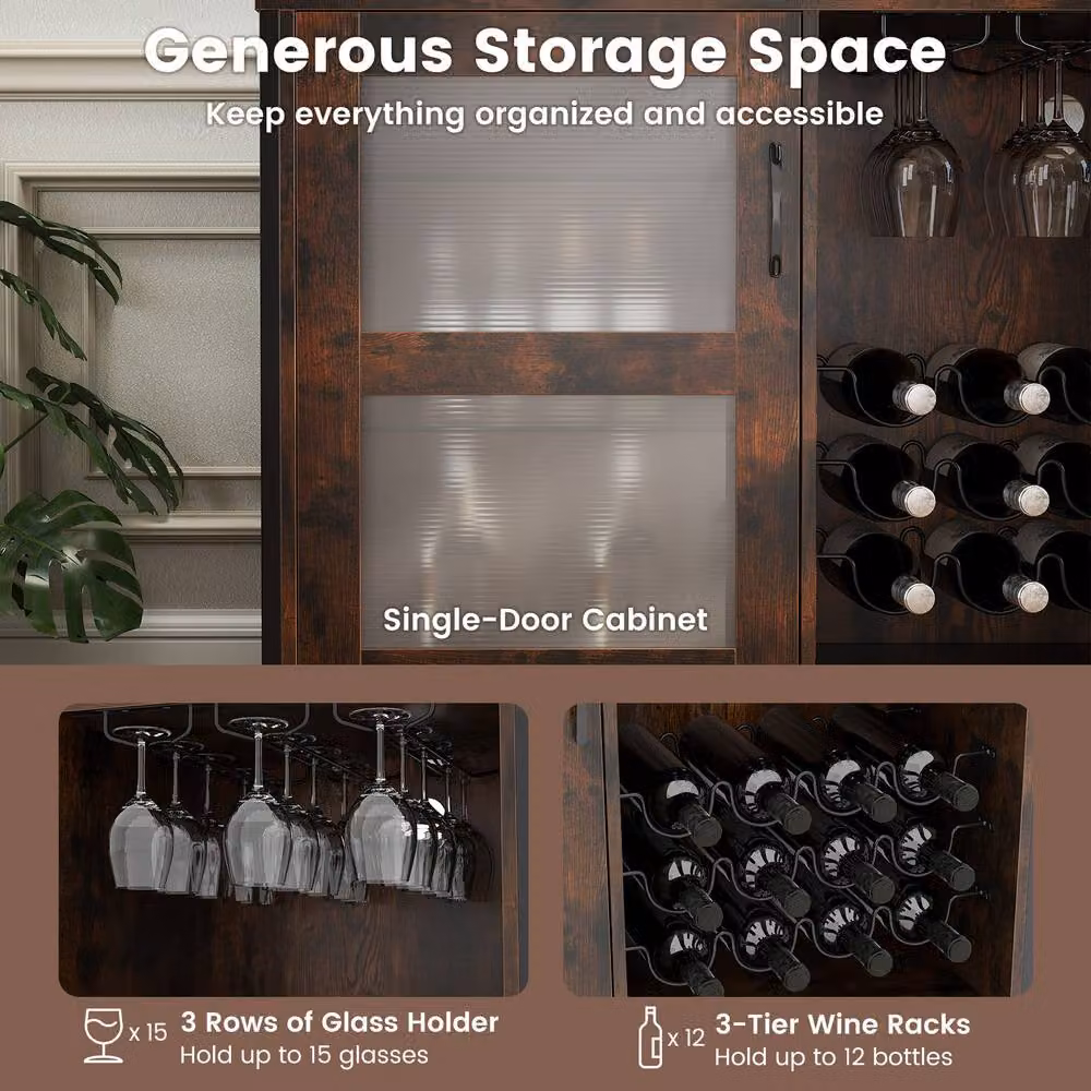Costway Industrial Wooden Wine Bar Cabinet with LED Lights and Wheels, Brown – 7