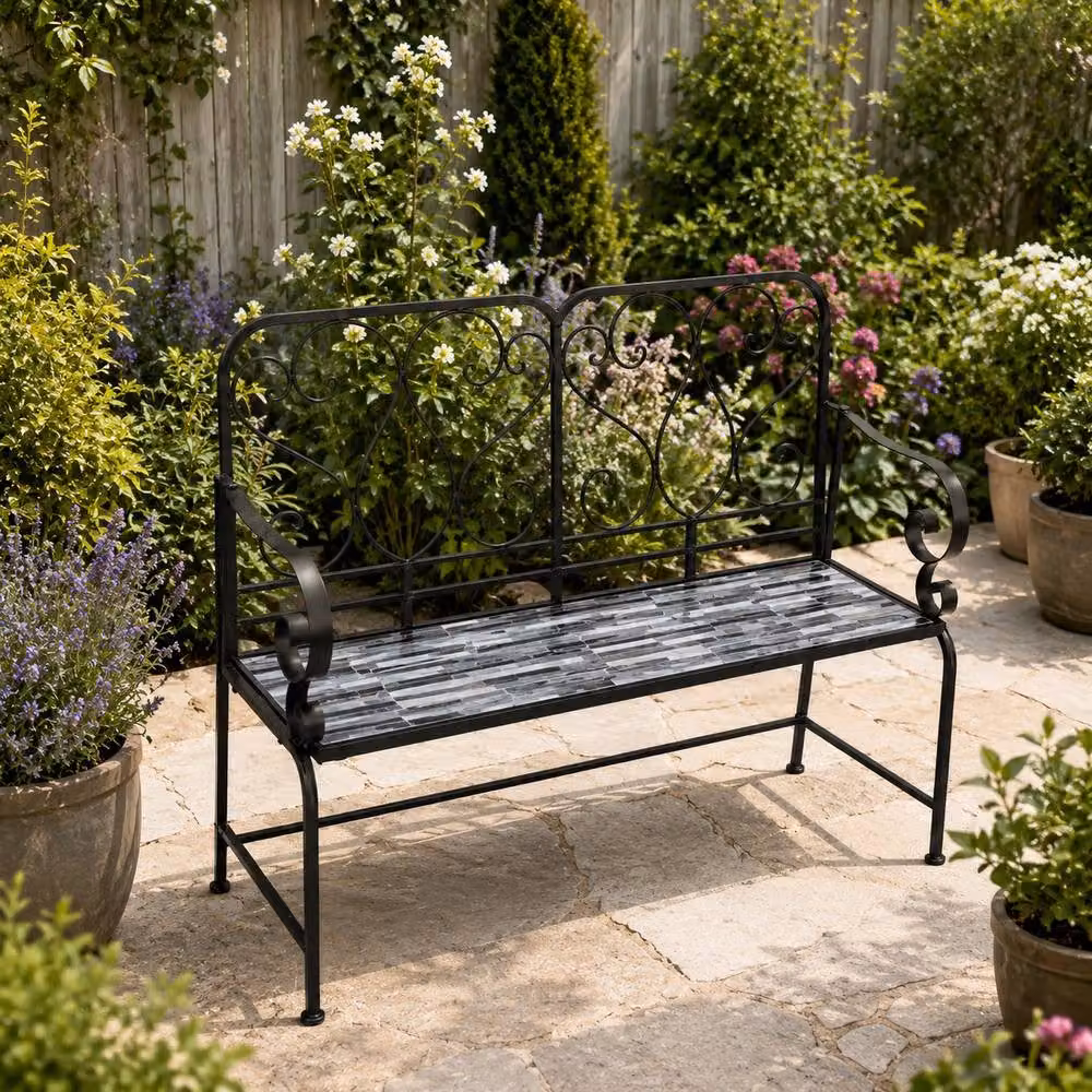 Shatchi Oasis Mediterranean Mosaic 2 Seater Garden Bench in Multicolour Metal and Ceramic Tile, W: 112 cm, H: 96 cm, D: 47 cm – 3