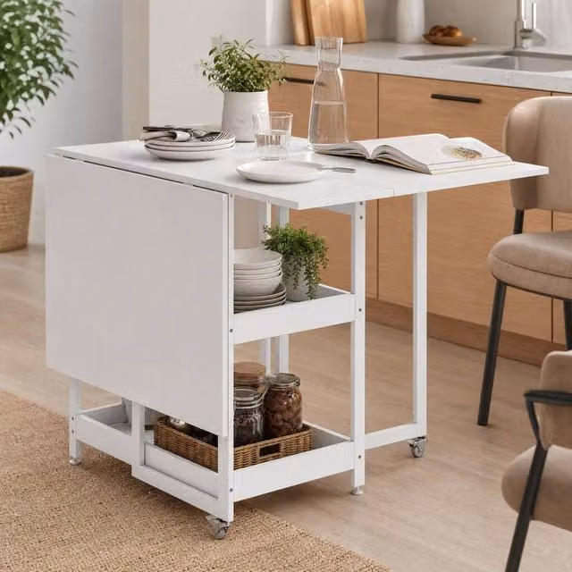 STILVORA Modern White Rectangular Dining Table with Drop Leaf and Storage – 1