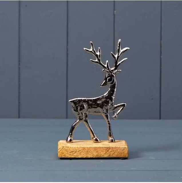 KDMD Silver Deer Figurine on a Rustic Wooden Base