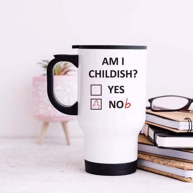60 Second Makeover Women's Worlds Am I Childish? Yes Nob Metal Travel Mug in White