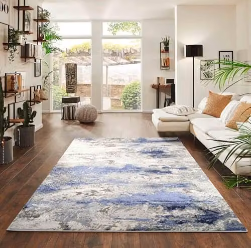 Serdim Rugs Abstract Modern Living Room Area Rug, Blue and Silver, W: 160 cm, D: 230 cm – 1