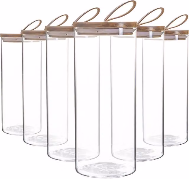 Argon Tableware Airtight Glass Storage Jar with Solid Wood Lid and Brown Leather Loop, Clear, Set of 6