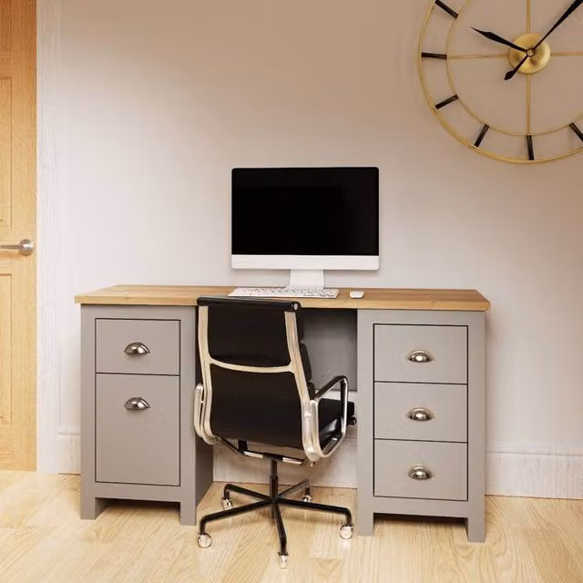 Timber Art Design Lisbon Double Pedestal Writing Desk in Light Grey Oak Finish W/D/H: 135 x 40 x 75 cm