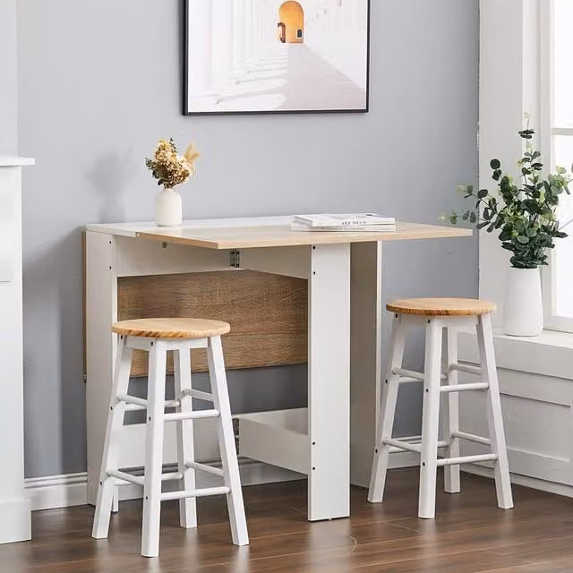 Livingandhome Modern Butterfly Leaf Folding Dining Table and Bar Shelf in White and Brown Wood Grain