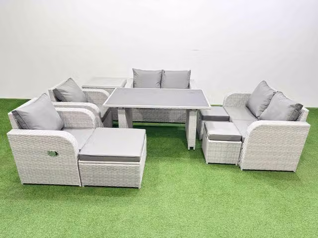 Fimous 9 Piece Patio Garden Furniture Set with Cushions, Side Table and 3 Stools in Light Grey