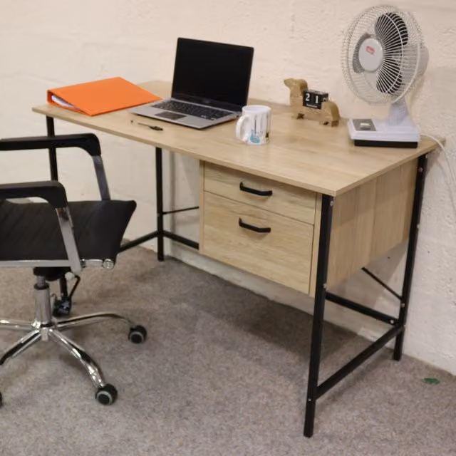 Core Loft Industrial Writing Desk with 2 Drawers, Oak Effect and Grey Metal Legs, W/D/H: 120 x 60 x 76 cm – 1