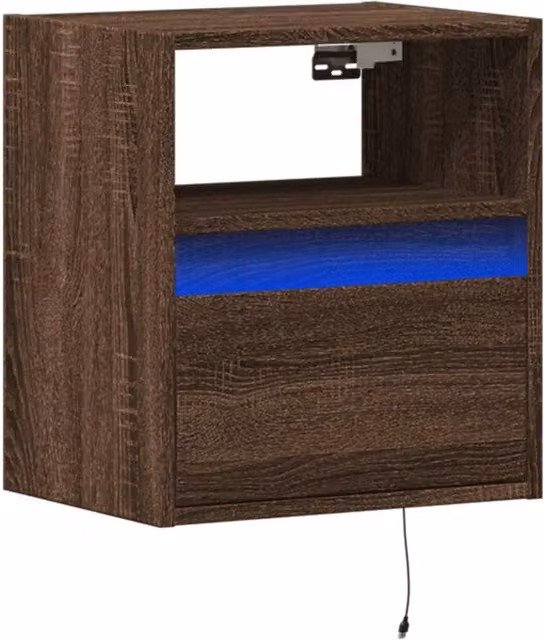 Berkfield Home Wall-mounted Bedside Cabinet with Integrated LED Lights, Brown Oak – 1