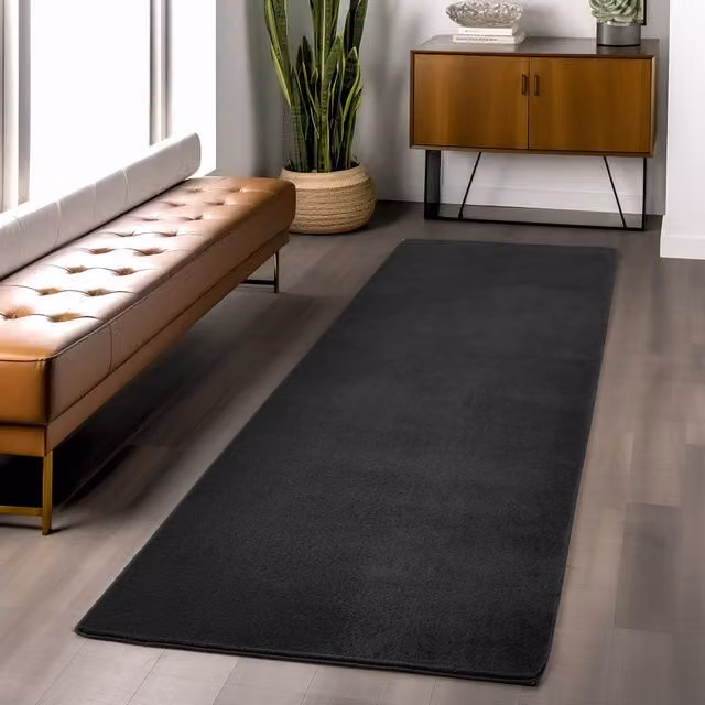 Desire Rugs Black Low Pile Washable Area Rug with Anti-Slip Felt Backing, W: 200 cm, D: 60 cm