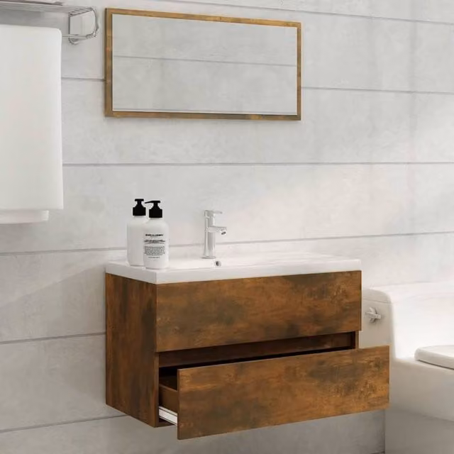 Berkfield Home 2 Piece Modern Bathroom Furniture Set in Brown Smoked Oak, including Vanity Unit and Mirror Cabinet, W/D/H: 80 x 45 x 38.5 cm – 1