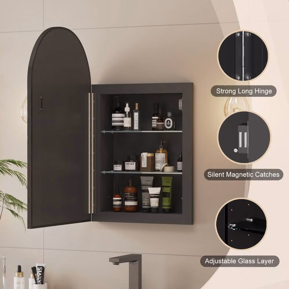 KEEPREAPER Brushed Black Arch Bathroom Mirror Cabinet, Wall Mounted with Hinged Glass Doors and Internal Shelves, W: 42 cm, H: 68 cm – 2