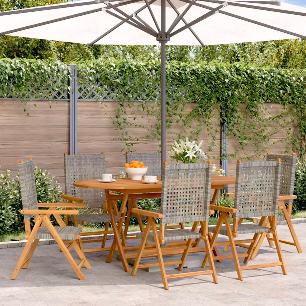 Berkfield Home Set of 6 Reclining Grey Poly Rattan and Oiled Acacia Wood Garden Chairs – 2
