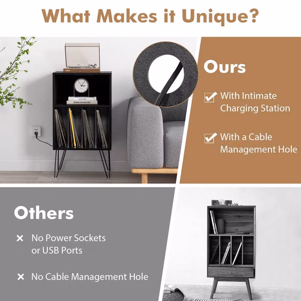 Gymax 3-Tier Modern Metal Record Player Stand with Charging Station and Media Compartments in Black – 8