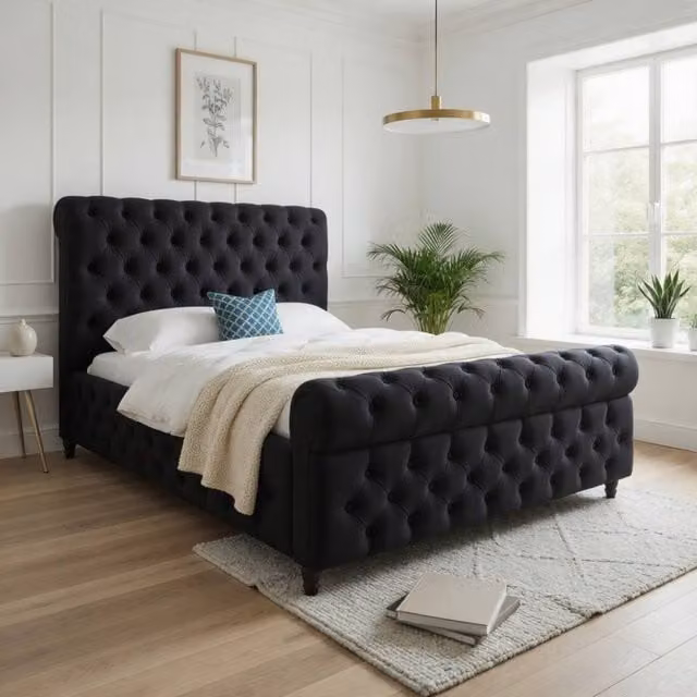 KDMD Tickencote Sleigh Upholstered Designer Bed Frame in Black Soft Velvet, Size: King (W/D/H: 180 x 200 cm)