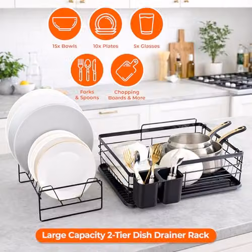 Innoteck Essentials 2 Tier Dish Drainer Rack with Removable Cutlery Holder and Metal Drip Tray, Black, W: 41.5 cm, D: 30.5 cm, H: 27 cm – 2