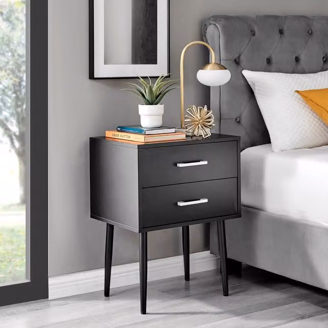 FurnitureboxUK Taylor Modern Lacquered Wooden Bedside Table with 2 Drawers in Black