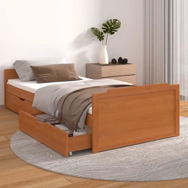Berkfield Home Solid Wood Pine Bed Frame with Drawers, Brown, W/D/H: 90 x 200 cm