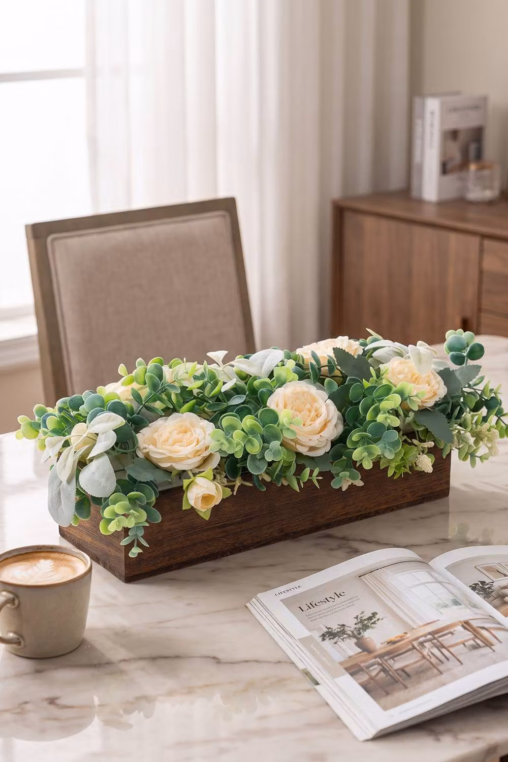 Living and Home Rustic Artificial Spring Floral Arrangement with Eucalyptus in a Cream Wooden Box – 2