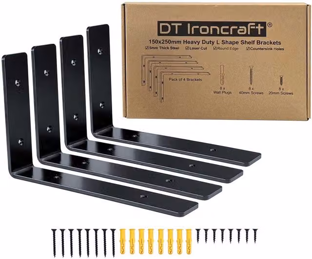 DT Ironcraft Black Steel Wall Mounted L-Shaped Shelf Brackets, 150mm x 250mm