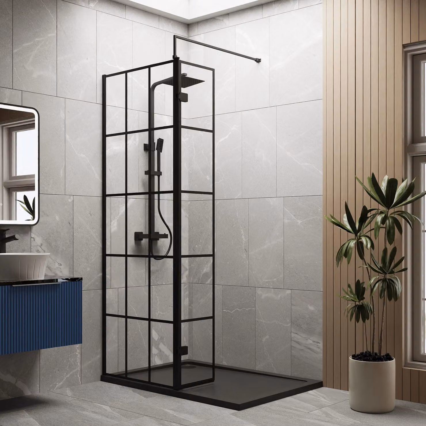 Balterley 8mm Glass Walk-In Wetroom Screen with Return and Tray, Black Framed, W: 120 cm, D: 80 cm – 2