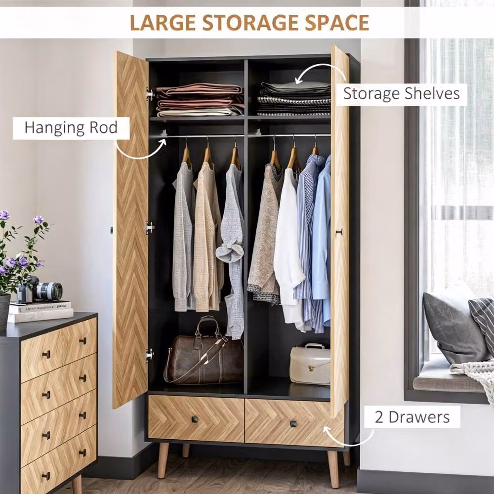 STILVORA Modern Pine Wardrobe with 2 Drawers, Internal Shelves and Hanging Rod in Natural Brown – 8