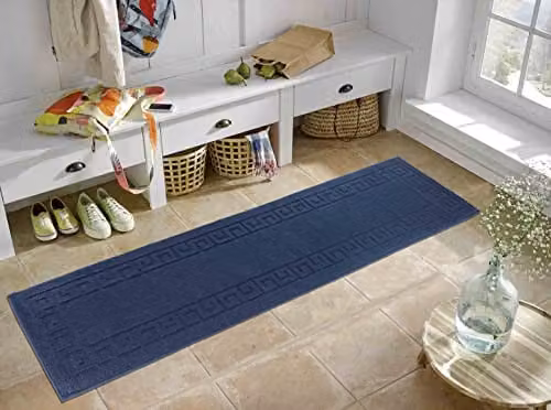 Desire Rugs Ivy Greek Key Non-Slip Washable Hallway Runner Mat, Blue, W: 80 cm, L: 300 cm