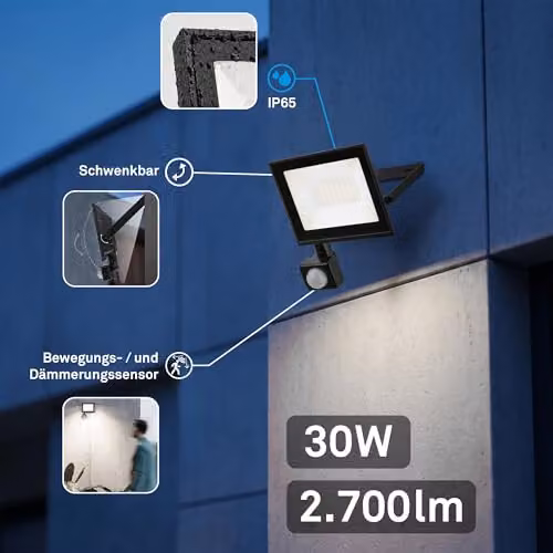 Briloner Black LED Outdoor Floodlight with Motion and Dusk Sensor, 30W, 2700lm, IP65, W/D/H: 19 x 19 x 4 cm – 2