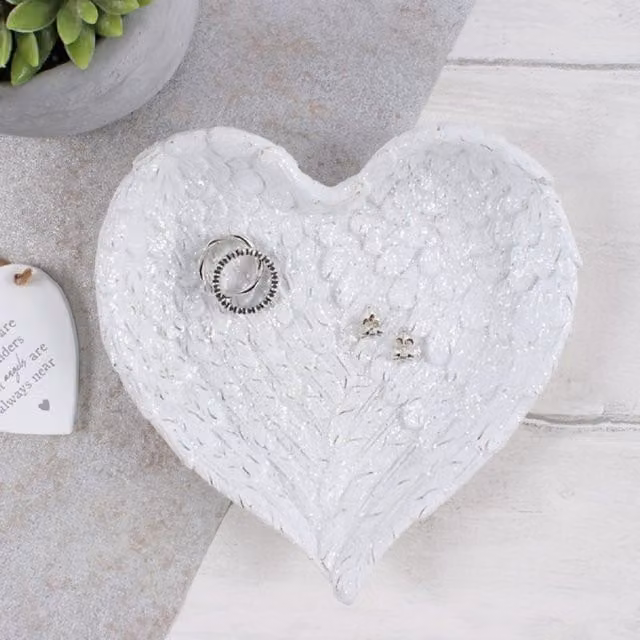 KDMK Angel Wing Heart Trinket Dish and Jewelry Organiser in White with Glitter Finish