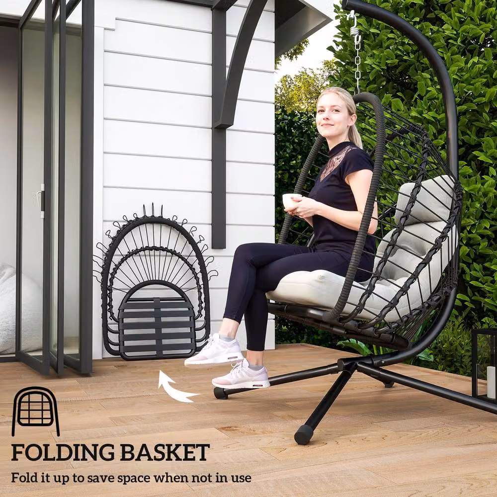 ERGOVEXA Black PE Rattan Egg Swing Chair with Cushions and Powder Coated Steel Frame for Garden and Outdoor Use – 7