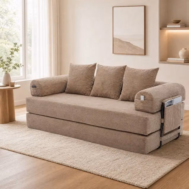 STILVORA Modular Upholstered Sofa with Metal Frame and Pull Out Drawer in Beige – 1