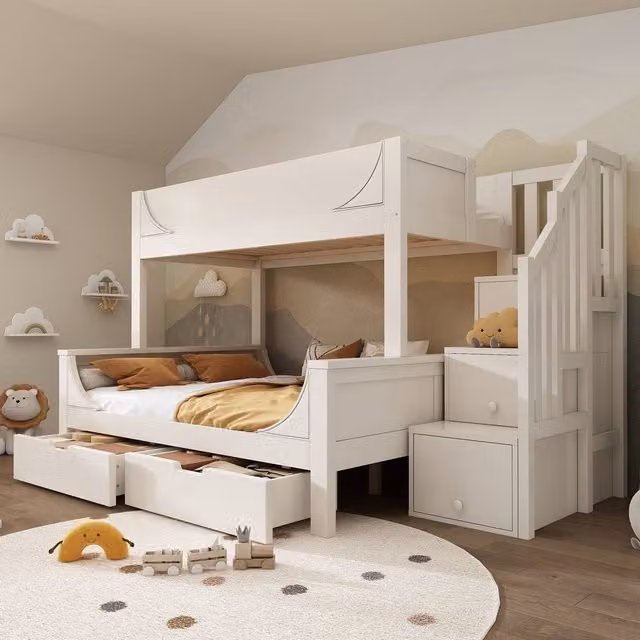 Rolipo Kids White Solid Wood Staircase Bunk Bed with Storage Drawers, W/D/H: 90 x 190 cm