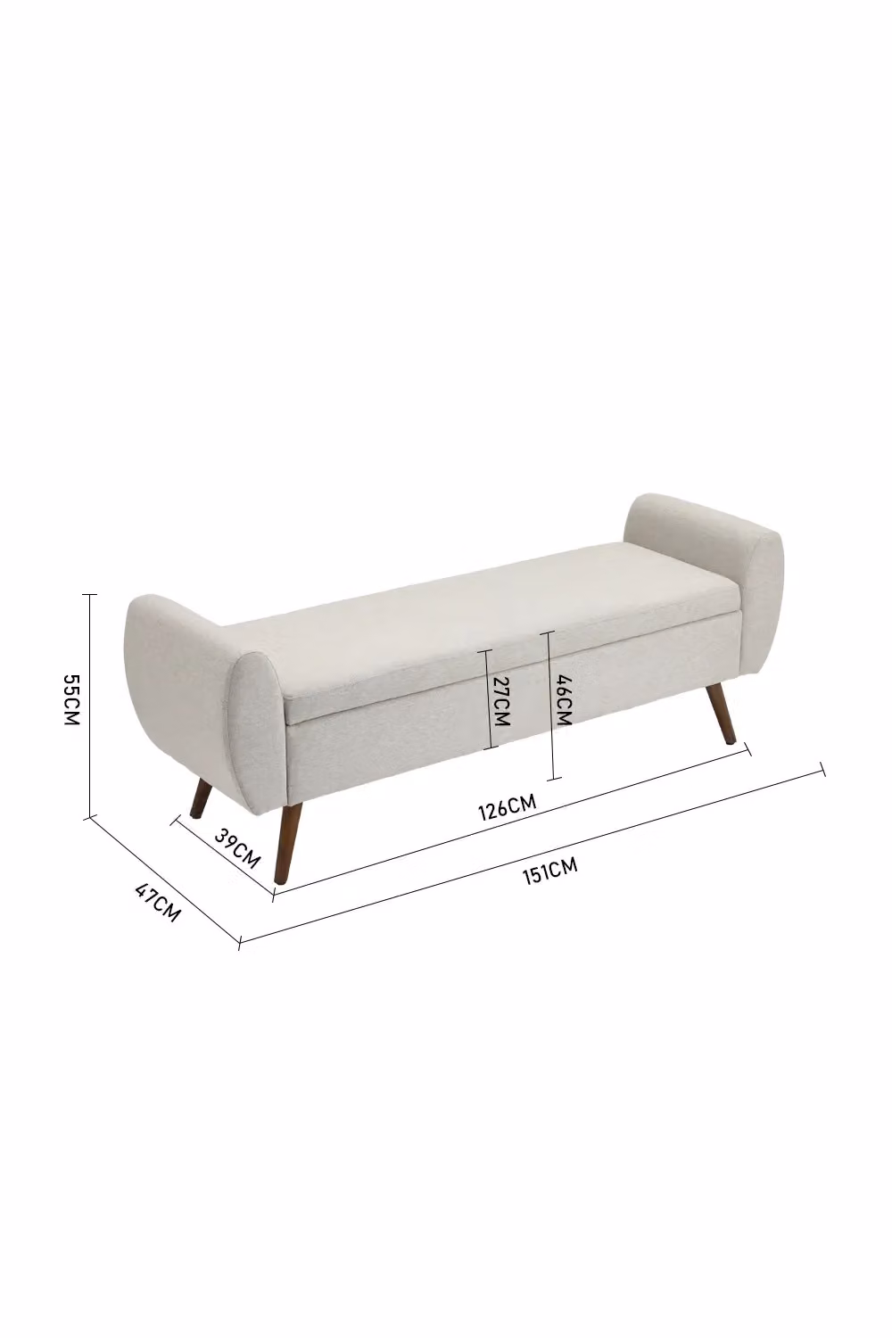 Living and Home 2-Seat Linen Upholstered Storage Bench with Side Arms and Walnut Legs in Beige – 2