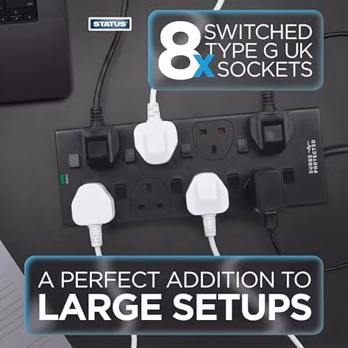 Status 8 Way Surge Protected Extension Lead with Individual Switches and Neon Indicators, Black, 2m – 3