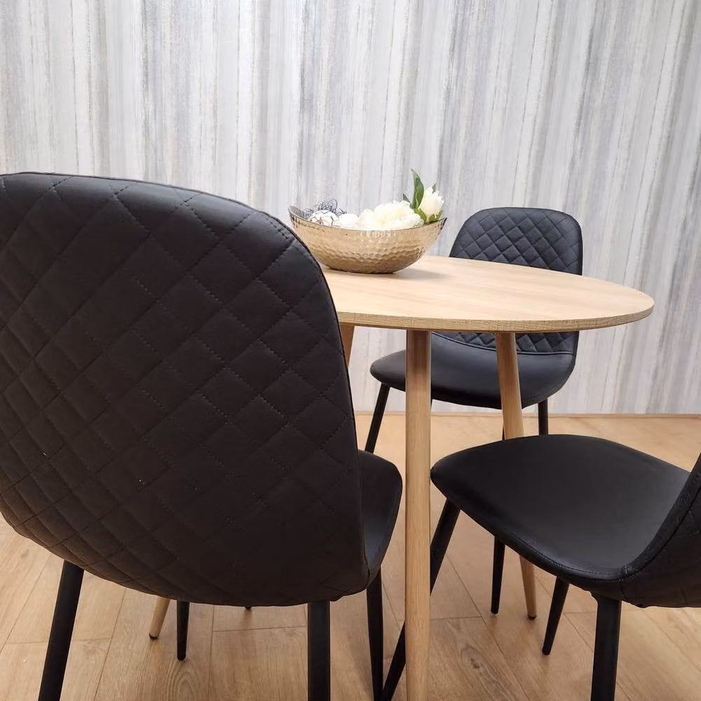 Kosy Koala Round Oak Effect Kitchen Dining Table and 4 Black Faux Leather Padded Chairs Dining Set – 3