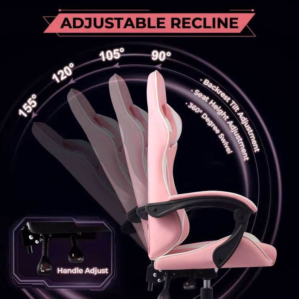 Lishetimig Ergonomic Pink PU Leather Gaming Chair with Headrest and Armrests – 3