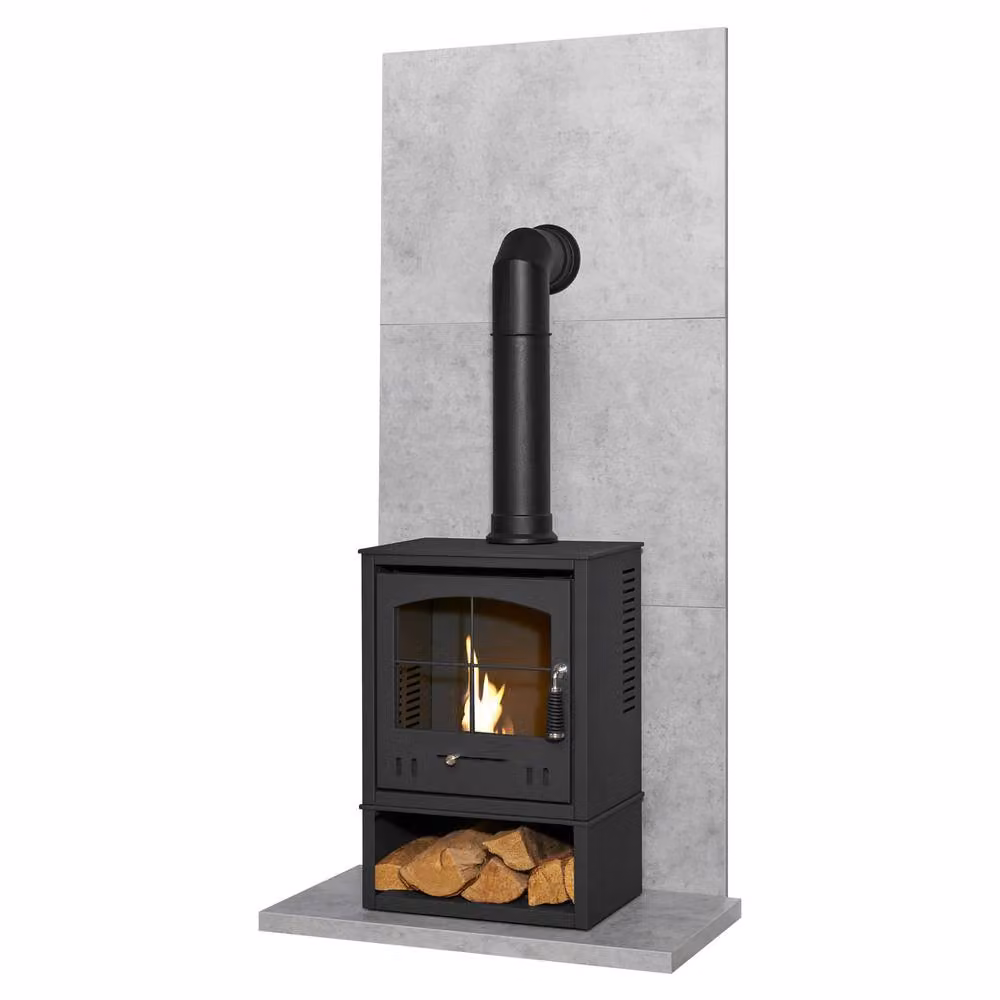 Acantha Fires & Fireplaces Tile & Hearth in Concrete Effect with OKO S2 Ethanol Stove, Store & Tall Pipe in Black – 3