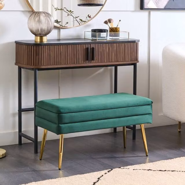 Wyld and Coco Dark Green Velvet Storage Bench with Gold Metal Legs